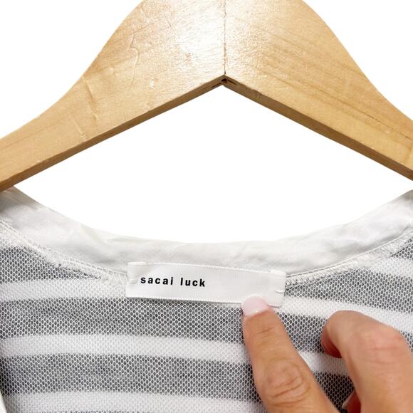 Sacai Luck Gray White Striped Short Sleeve T Shirt Sz M - Picture 3 of 5